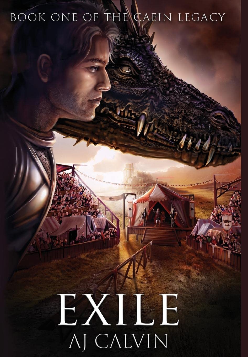 The cover of "Exile". The pictures of a man and a dragon dominate the foreground. The man has short blond hair and wears armor, and the dragon is black, with a long snout. In the background, we see a medieval arena, with grandstands in both sides and a pavillion in the middle.