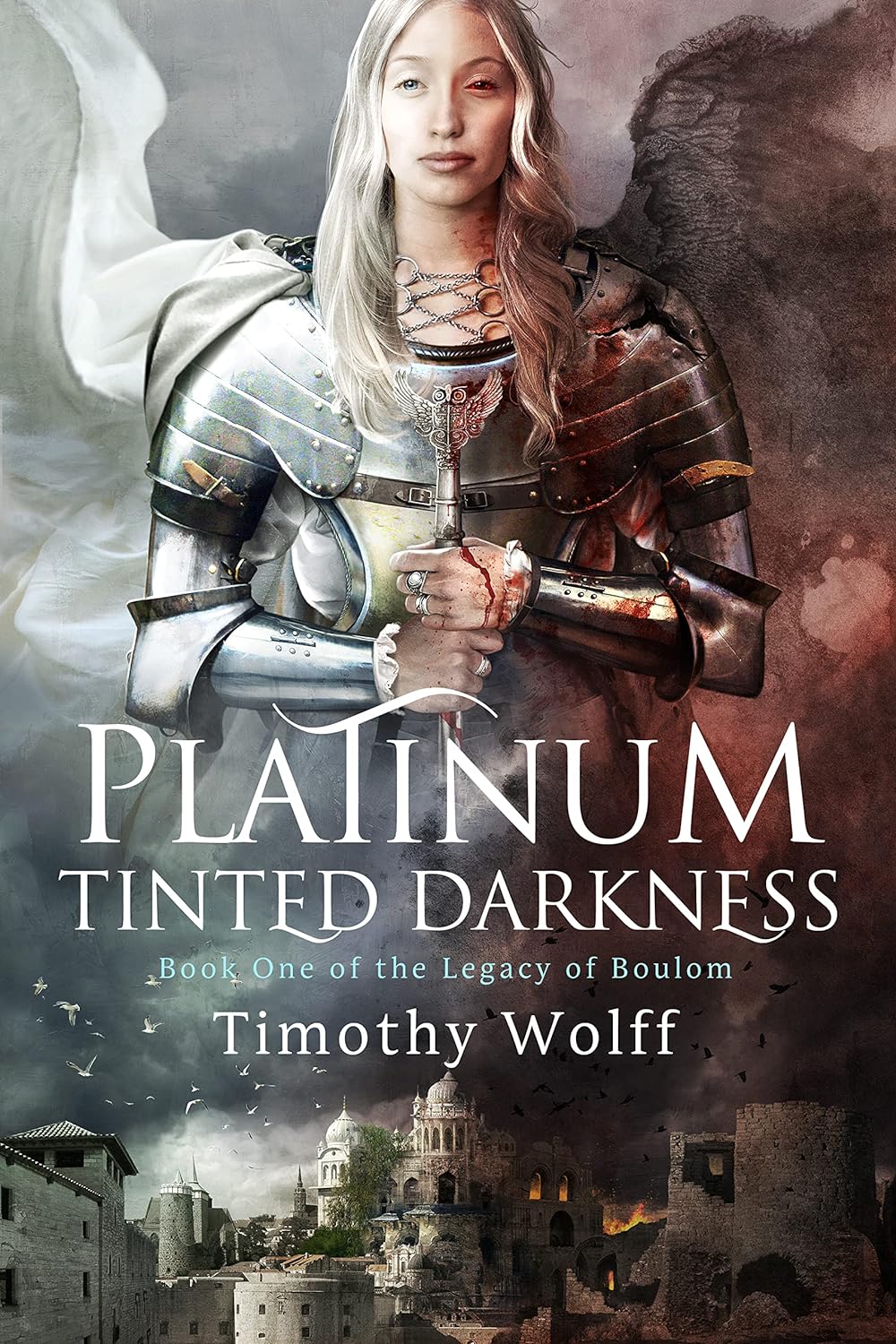 The cover of "Platinum Tinted Darkness". It features a young, blond woman wearing shining armor, with a backdrop that can be either clouds or smoke, but half of her is well lit and has a white, angelic wing, and the other one is partially in shade and has a black, crumbling wing. At the bottom, there is a city in ruins.